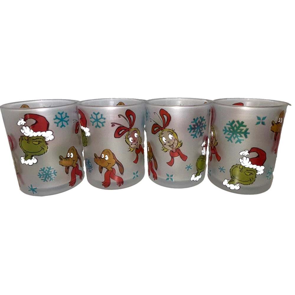 Dr. Seuss Grinch Cindy Max Dog Frosted Drinking Juice Glasses Set of 4 Christmas